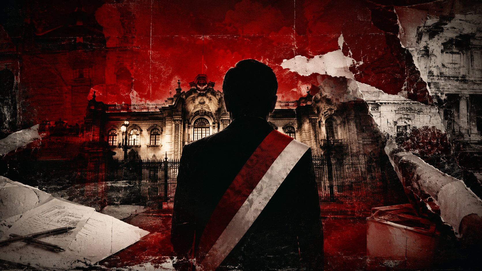 Silueta presidencial frente a Palacio de Gobierno en una composición editorial grunge sobre la espera de la proclamación electoral en Perú 2026.